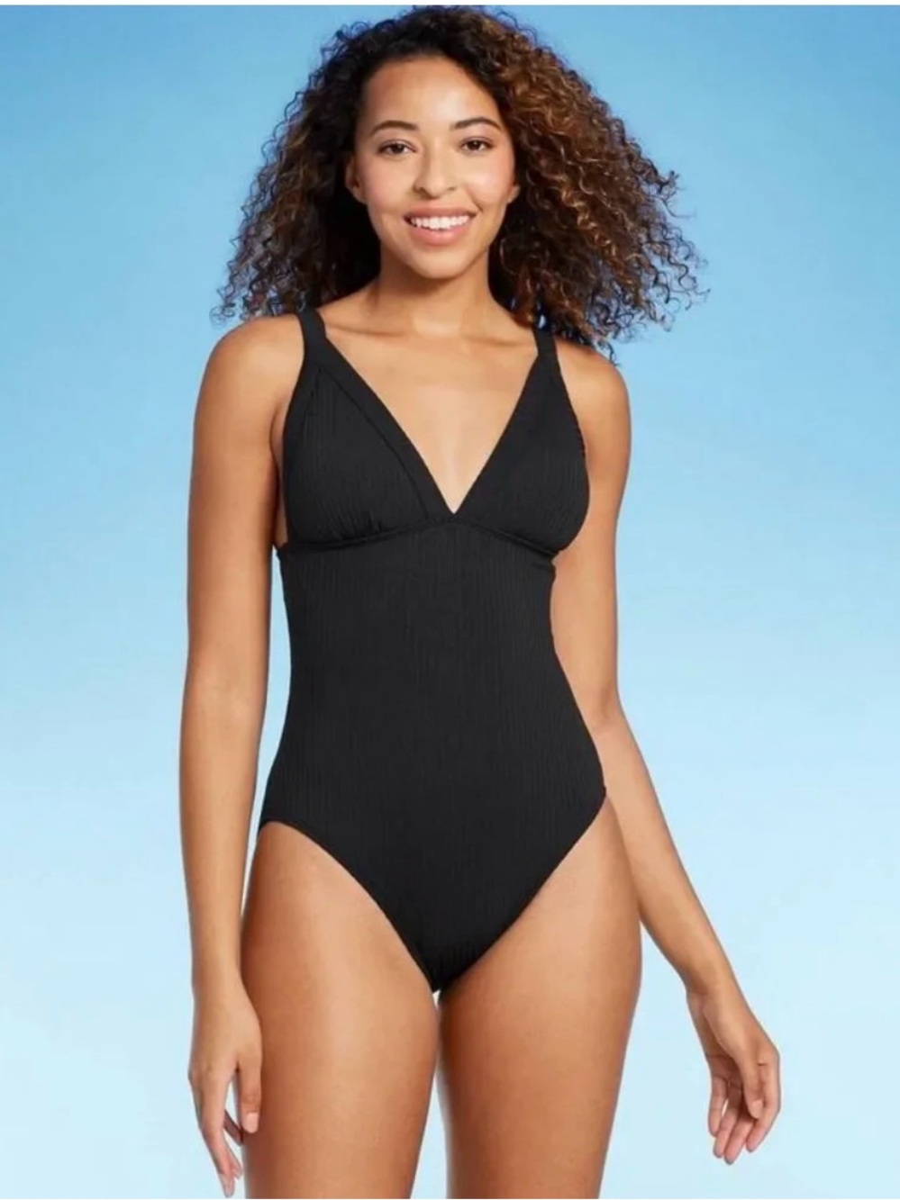 Shade & Shore Women's Black Ribbed One-Piece Swimsuit - Size Large NWT